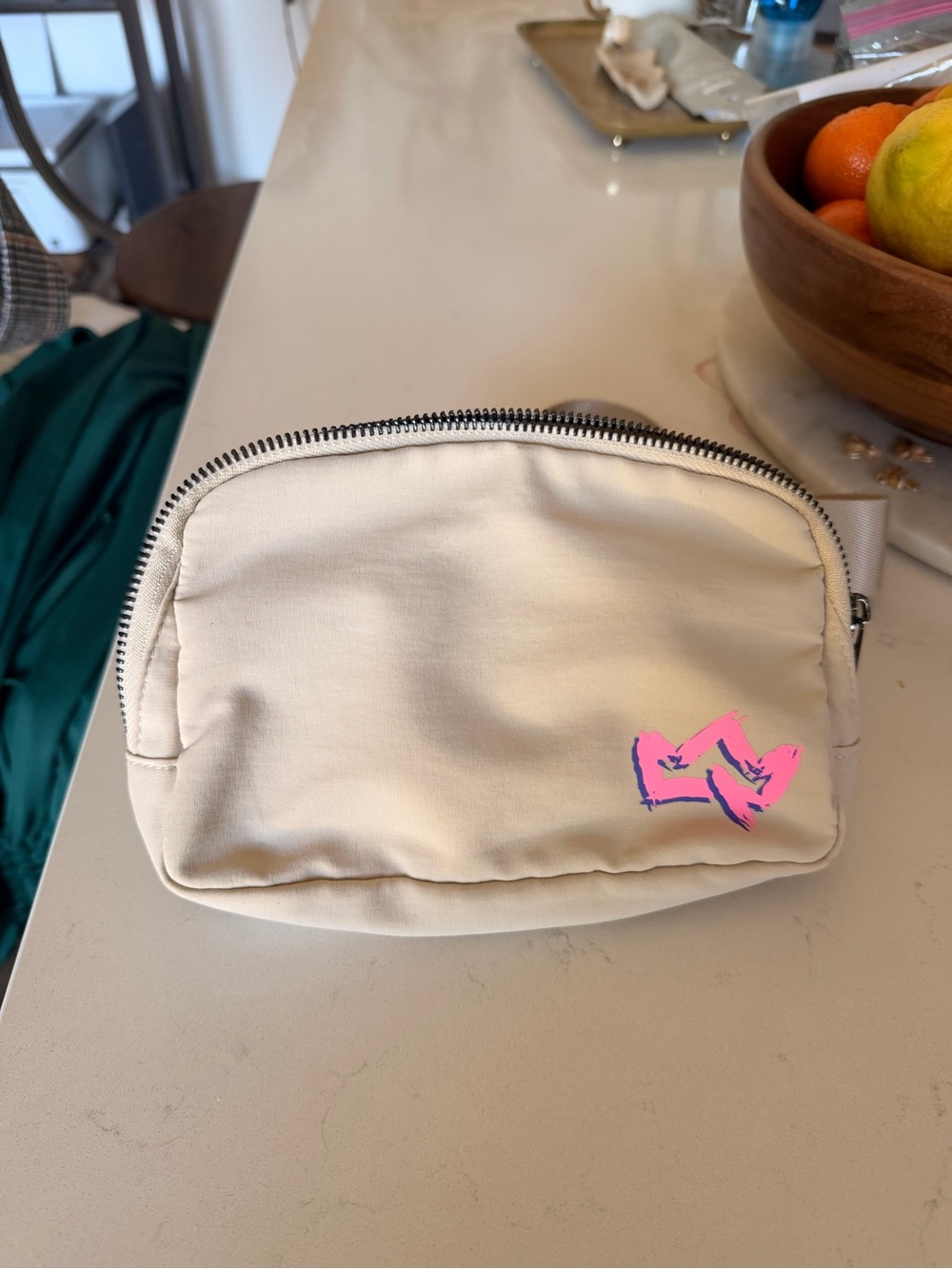 Cream Cosmetic Pouch with Pink & Blue Logo Accent